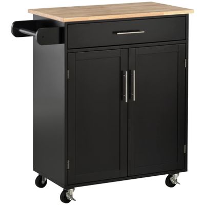 Kitchen Island Cart Rolling Trolley Cart with Drawer, Storage Cabinet Towel Rack, Black
