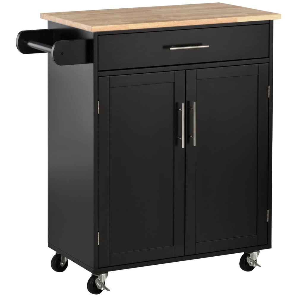 Kitchen Island Cart Rolling Trolley Cart with Drawer, Storage Cabinet Towel Rack, Black