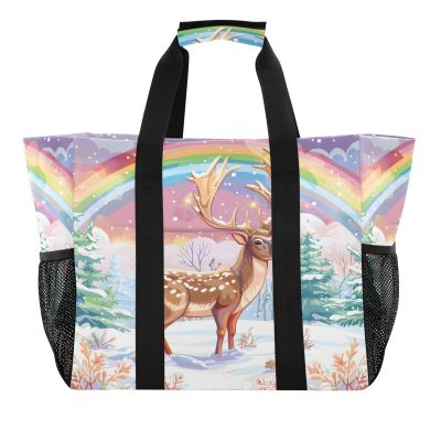 ALAZA Deer Spots Rainbow Large Reusable Grocery Bag Heavy Duty Reusable Shopping Bag with Reinforced Bottom Handles Foldable Bag