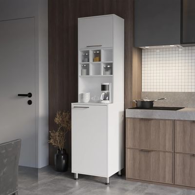 White Kitchen Pantry with Pneumatic Door and Open Storage