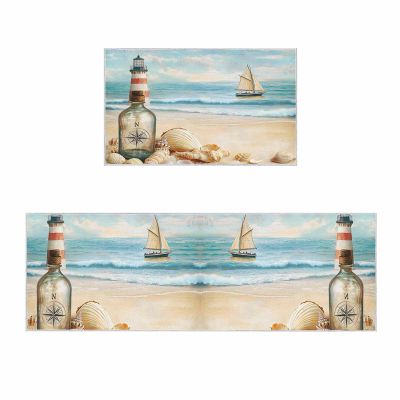 2 Pcs Kitchen Rugs and Mats,Summer Seaside Bottle Shell Conch Area Runner Rug Set Non Slip Floor Doormat Washable Carpet Standing Mat for Kitchen Sink Indoor Corridor,Watercolor Sea Boat Lighthouse