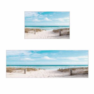 2 Pieces Kitchen Rugs and Mats,Summer Nautical Beach Sea Blue Sky Area Runner Rug Set Non Slip Floor Doormat Washable Carpet Standing Mat for Kitchen Sink Indoor Corridor,Coastal Seascape Theme