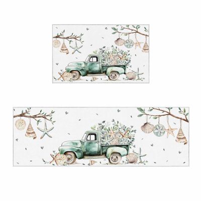 2 Pieces Kitchen Rugs and Mats,Sage Green Truck Ocean Shell Starfish Area Runner Rug Set Non Slip Floor Doormat Washable Carpet Standing Mat for Kitchen Sink Indoor Corridor,Watercolor Leaf Painting