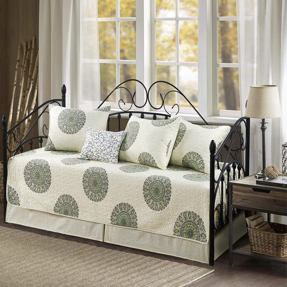 BYTIDE 6 Piece Reversible Microfiber Medallion Printed Daybed Cover Set, All Season Luxury Bedding with Bedskirt, Matching Shams, Decorative Pillow, 75"x39", Yellow Green