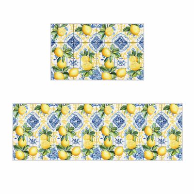 2 Pieces Kitchen Rugs and Mats,Summer Watercolor Lemon Green Leaf Area Runner Rug Set Non Slip Floor Doormat Washable Carpet Standing Mat for Kitchen Sink Indoor Corridor,Retro Blue Yellow Tiles
