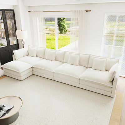 YICORPS 146.5 Modular Sectional Sofa Upholstered 4 Seater Chenille Loveseat L-Shaped Convertible Cloud Couch with 1 Ottoman and Pillows for Living Room,Apartment,Home Theater(Beige)