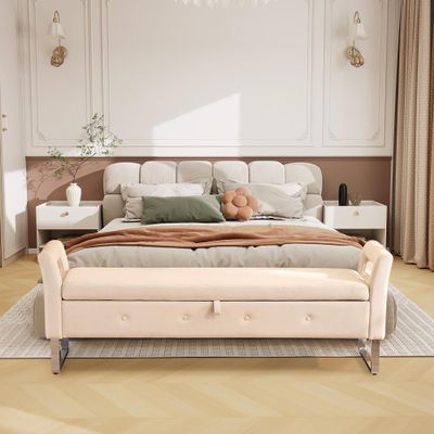 HIUU 67.9 End of Bed Storage Bench King Size,Beige Velvet Ottoman Bench for Bedroom & Entryway,Soft Ottoman Seat with Hidden Storage Compartment