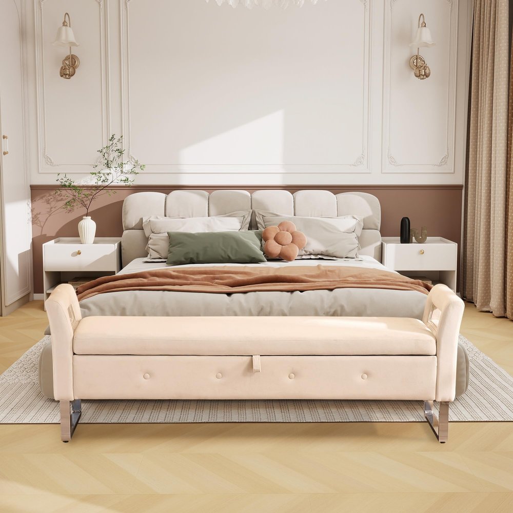 HIUU 67.9 End of Bed Storage Bench King Size,Beige Velvet Ottoman Bench for Bedroom & Entryway,Soft Ottoman Seat with Hidden Storage Compartment