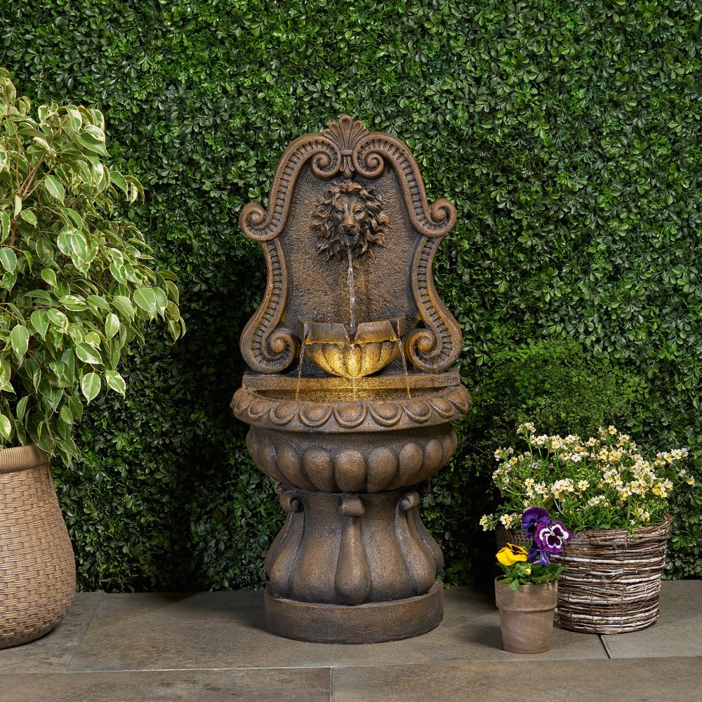 36.25" High Fountain, Weather Resistant Floor Fountain with Light, Antique Brown