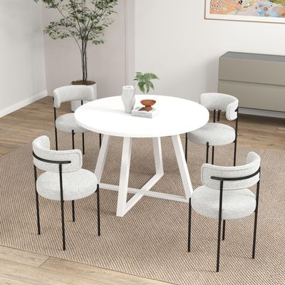 5 Pcs Round Dining Set, Trestle Dining Table with 4 Boucle Chairs RM341