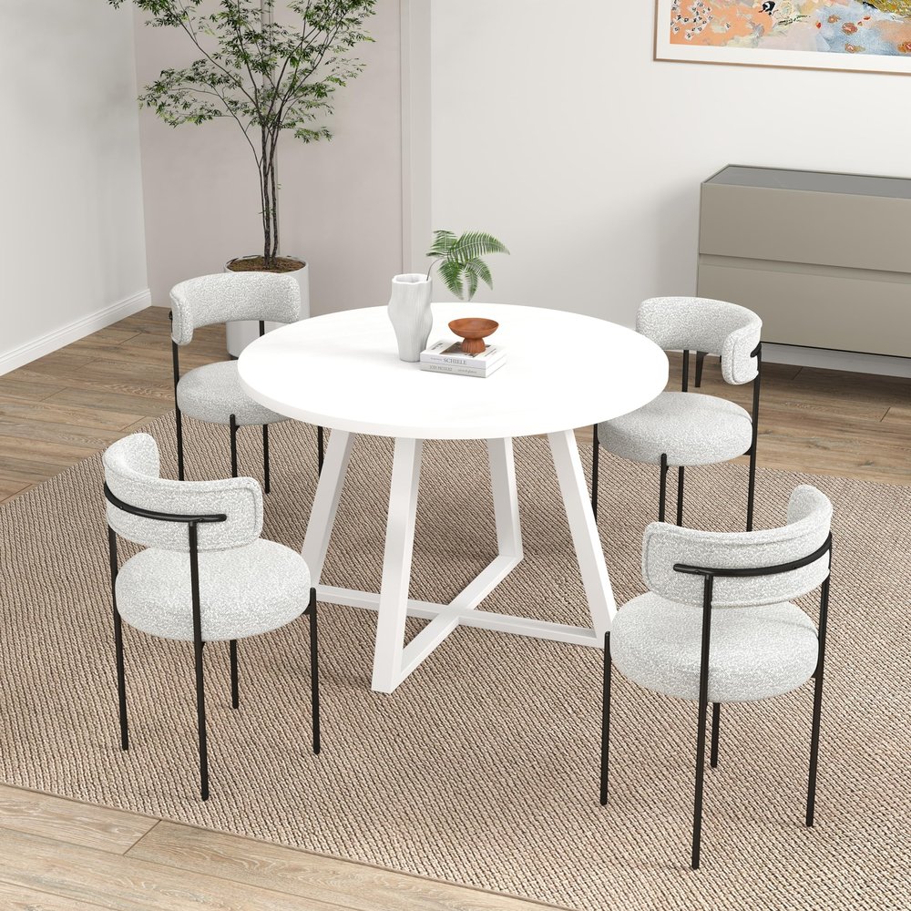 5 Pcs Round Dining Set, Trestle Dining Table with 4 Boucle Chairs RM341