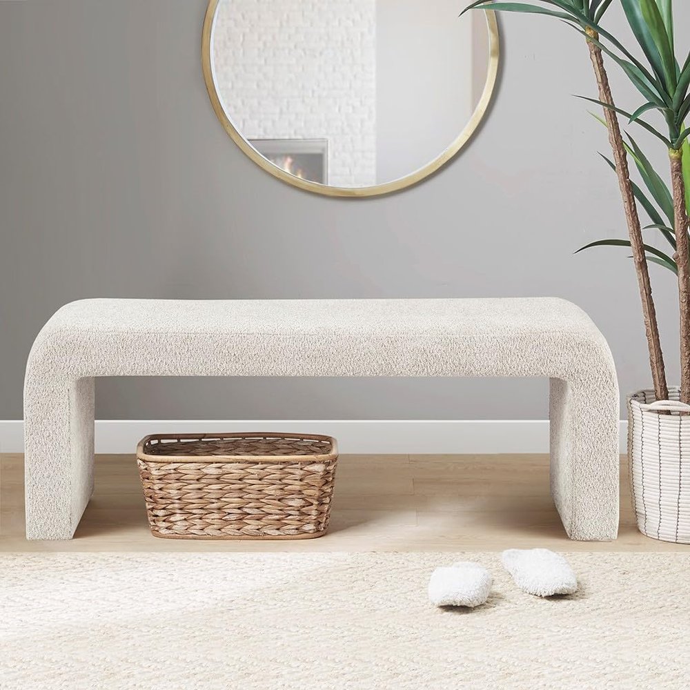 Boucle Waterfall Bench Cream 52" W