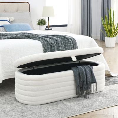 Length 45.5 inchesStorage Ottoman Bench Upholstered Fabric Storage Bench End of Bed Stool with Safety Hinge for Bedroom, Living Room, Entryway,Teddy White (Ivory)