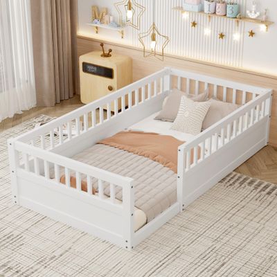 Twin Floor Bed Frame with Fence, Wood Floor Beds Frame for Bedroom Playroom,White