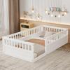 Twin Floor Bed Frame with Fence, Wood Floor Beds Frame for Bedroom Playroom,White view 2