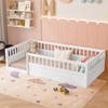 Twin Floor Bed Frame with Fence, Wood Floor Beds Frame for Bedroom Playroom,White view 3