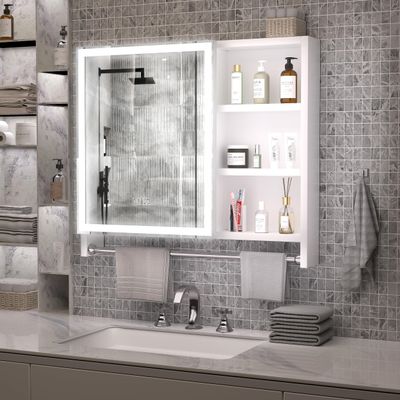 Modern 32 x 28 inches Aluminium Bathroom Cabinets, Medicine Cabinets with Mirrors and LED Lights, Bathroom Lockers with Multilevel Storage Compartments and Towel Rails