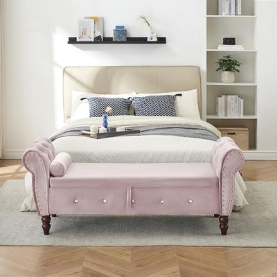 63.38" Velvet Multifunctional Storage Rectangular Ottoman Bench Comes with Crystal Buckle Solid Wood Legs with 1 Pillow,Pink