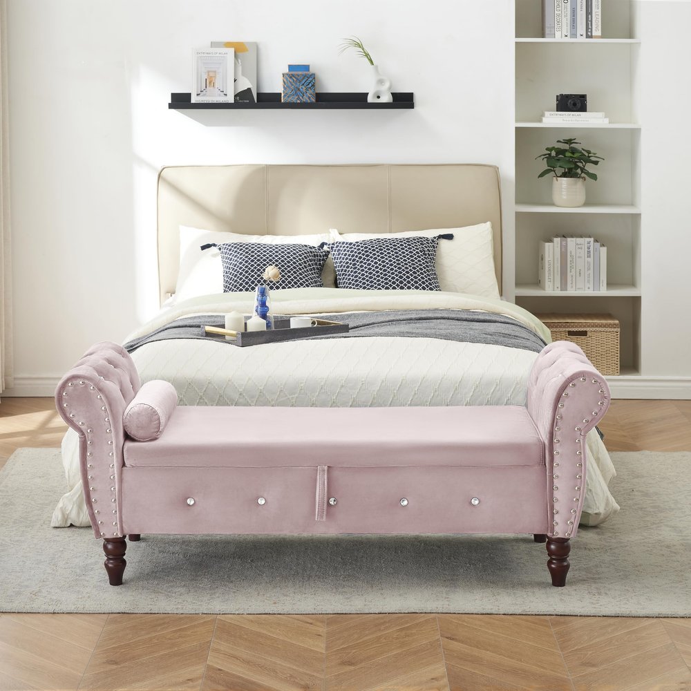 63.38" Velvet Multifunctional Storage Rectangular Ottoman Bench Comes with Crystal Buckle Solid Wood Legs with 1 Pillow,Pink