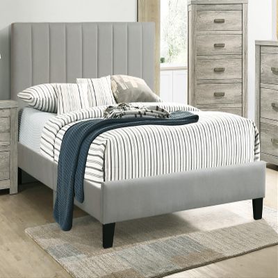 1pc Eastern King Size Bed Beautiful Gray Polyfiber Vertical Tufted HB Platform Bede Slats Bedroom Furniture