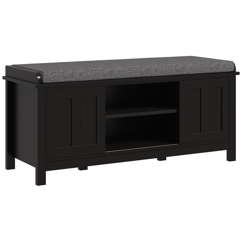 Entryway Shoe Bench Storage Ottoman with Sliding Doors, Adjustable Shelving, 6 Compartments, and Padded Seat, Holds 10 Pairs, Black