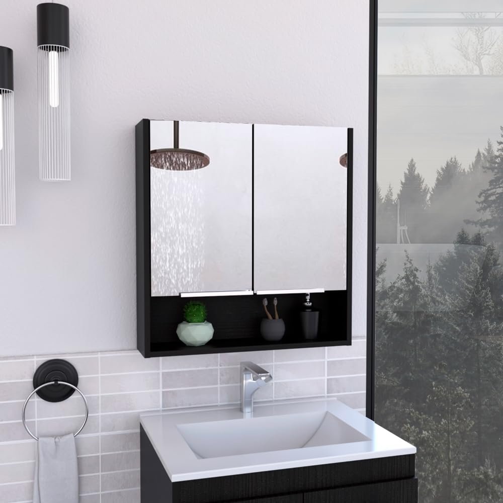 Medicine Cabinet, One Open Shelf, Three Interior Shelves, Black