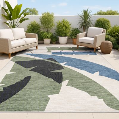 JONATHAN Y Abstract Palm Leaf Indoor Outdoor Area Rug 4X6 Navy/Cream, Shelby Coastal Vintage for Backyard, Patio, Porch, Easy-Cleaning, High Traffic, Pet-Friendly, Non-Shedding (TSN403A-4)