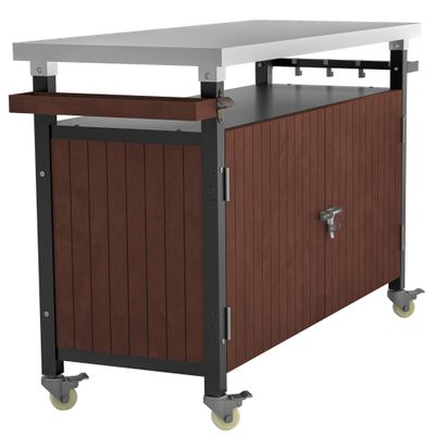 Outdoor Grill Cart with Stainless Steel Tabletop, Storage, Patio Kitchen Island with Wheels, Hooks, and Spice Rack, Waterproof Outdoor Grill Table, Movable BBQ Serving Cart Rolling Bar Cart GJ580