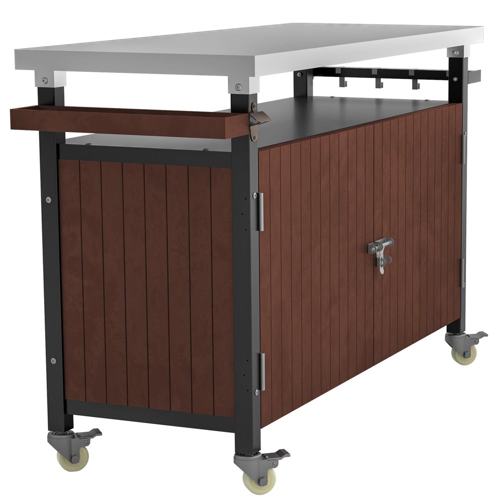 Outdoor Grill Cart with Stainless Steel Tabletop, Storage, Patio Kitchen Island with Wheels, Hooks, and Spice Rack, Waterproof Outdoor Grill Table, Movable BBQ Serving Cart Rolling Bar Cart GJ580
