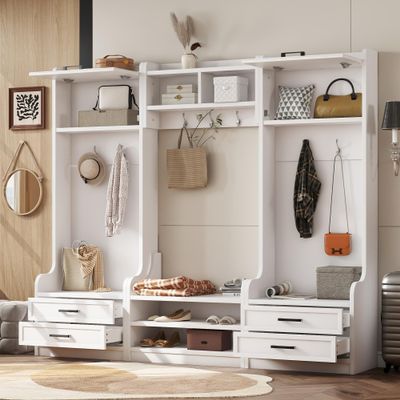 4 in 1 Detachable Hall Tree with Storage and 7 Hooks, Multiple Functions Hallway Coat Rack with Storage Drawers and Cabinet, White Shoe Bench for Entryway Hallway