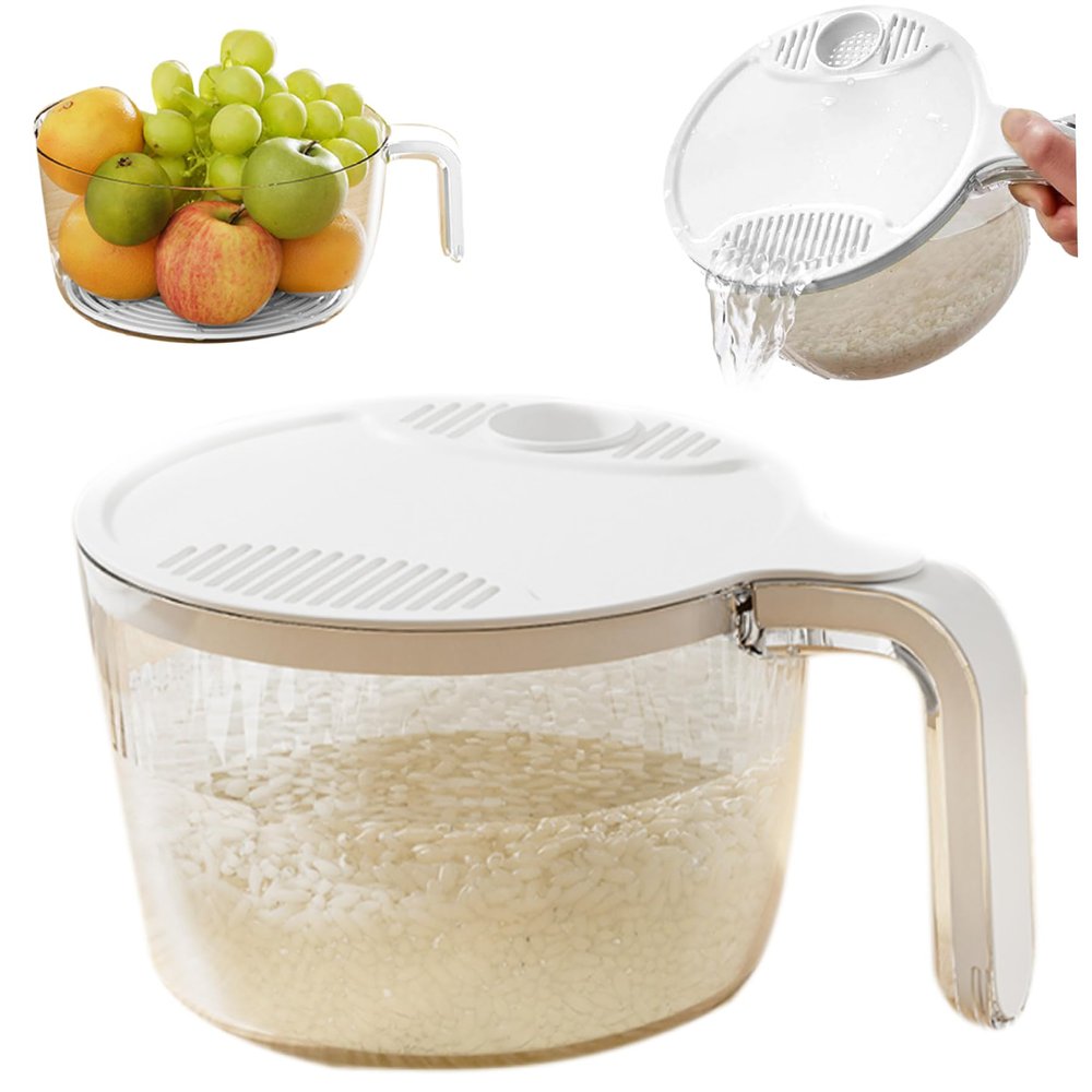 Rice Strainer, Safe Plastic Rice Washer Strainer Bowl with Drain Lid, 7.1x3.4" Rinser with Handle for Vegetable Fruit Grains Bean, Small, Food Strainers