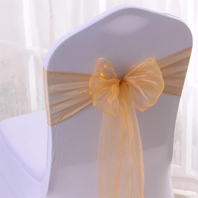 XXMBXX Organza & Lace Chair Sashes10/50-PackElastic Bow Knots for Wedding/Birthday/Banquet Decor, Adjustable Seat Back Ribbon Bands(Golden,50pcs)