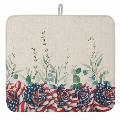 1 Pack Dish Drying Mats,4th of July Vintage Star Stripe Floral Super Absorbent Microfiber Dishes Drainer Mat Rose Flower Leaf Flax Reversible Drying Rack Pads for Kitchen Counter Sink