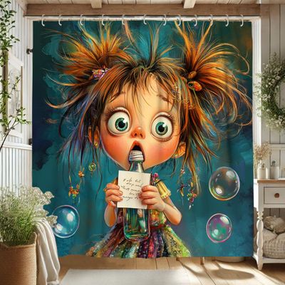 Colorful Childrens Shower Curtain, Artistic Girl Playing with Bubbles Bath Curtain for Kids Room Decor, Summer Fun Fanciful Waterproof Fabric Shower Curtain Set with Hooks 72x78 Inch