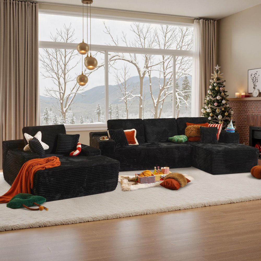 106" L-Shaped Cloud Sectional Sofa with Oversized Chaise Lounge, No-Assembly Living Room Set, Plush Faux Fur Modular Sleeper Couch and Comfy Reading Chair for Living Room, Right Facing Plush Black