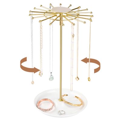 AmaQueen Rotating Necklace Hanger Organizer Tree with Jewelry Tray, Gold Spinning Necklace Chain Display Holder Stand Storage (Golden)