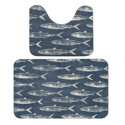 2 Piece Soft Bathroom Rugs White Fish Pattern Print Breathable Memory Foam Bathroom Mats and U-Shaped Bathroom Toilet Rug Set Super Absorbent Carpet Mat for Bathroom Floor Shower Sink 19.7"31.5"