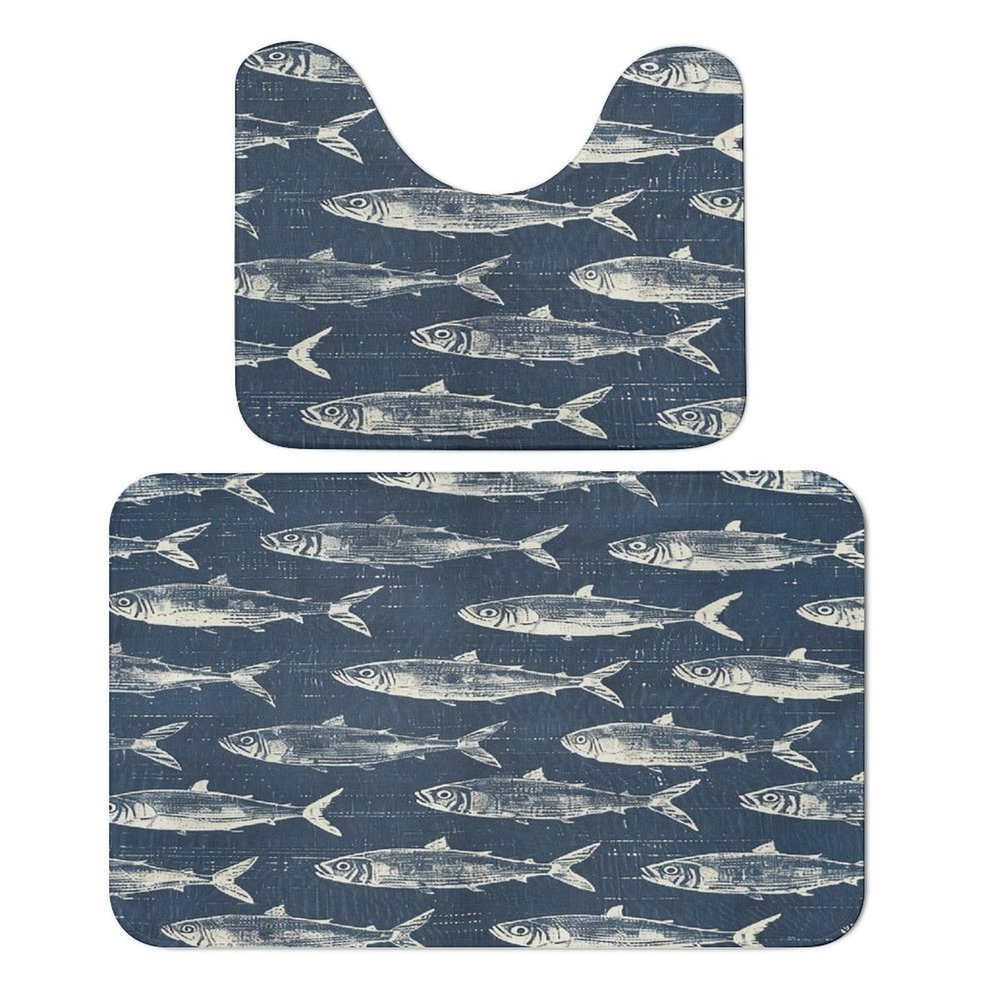 2 Piece Soft Bathroom Rugs White Fish Pattern Print Breathable Memory Foam Bathroom Mats and U-Shaped Bathroom Toilet Rug Set Super Absorbent Carpet Mat for Bathroom Floor Shower Sink 19.7"31.5"