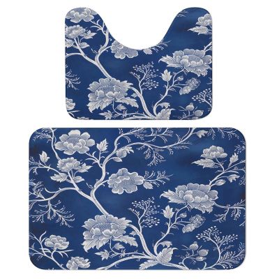 2 Piece Soft Bathroom Rugs White Floral Pattern Print Breathable Memory Foam Bathroom Mats and U-Shaped Bathroom Toilet Rug Set Super Absorbent Carpet Mat for Bathroom Floor Shower Sink 15.7"23.6"