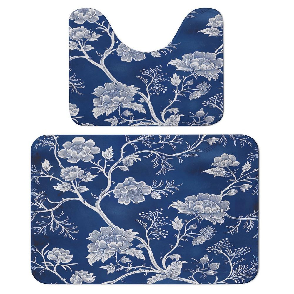 2 Piece Soft Bathroom Rugs White Floral Pattern Print Breathable Memory Foam Bathroom Mats and U-Shaped Bathroom Toilet Rug Set Super Absorbent Carpet Mat for Bathroom Floor Shower Sink 15.7"23.6"