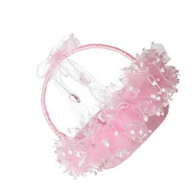 Portable Lace Wedding Basket for Flower Girl, Pink Fabric Ceremony Holder