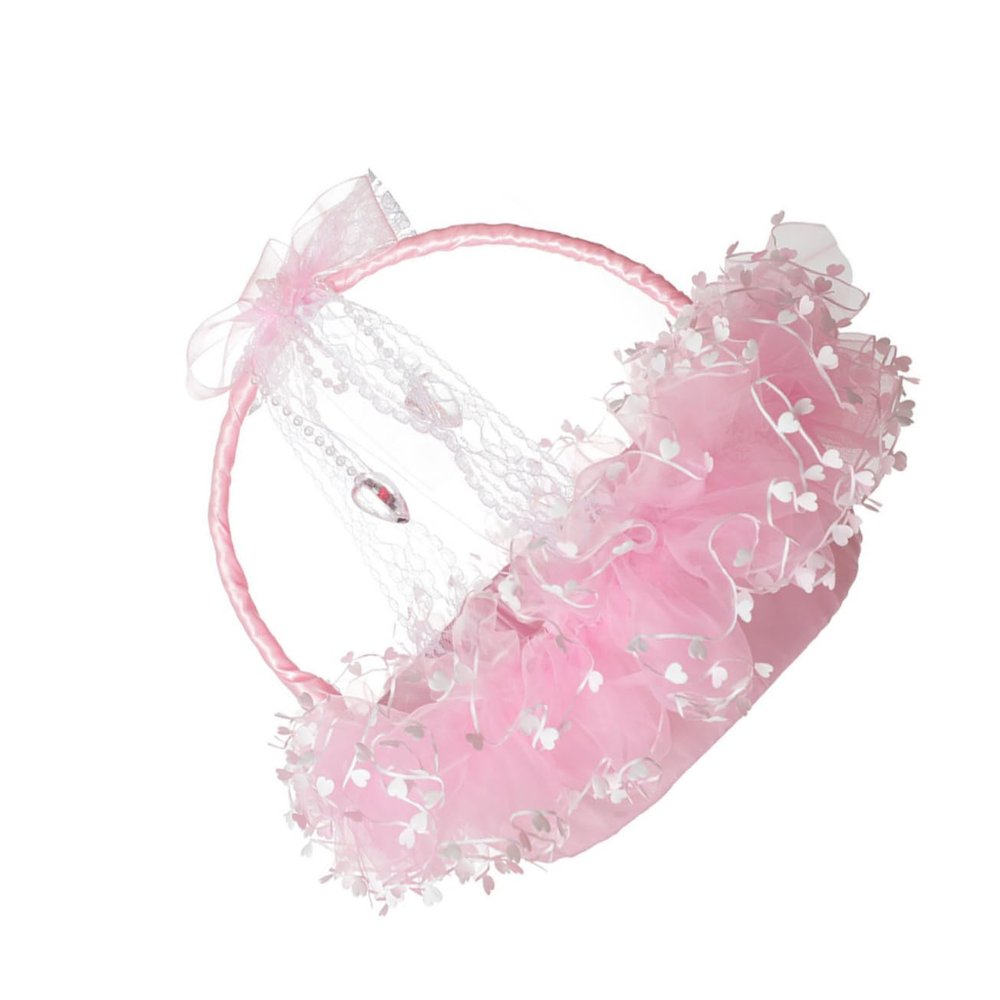 Portable Lace Wedding Basket for Flower Girl, Pink Fabric Ceremony Holder