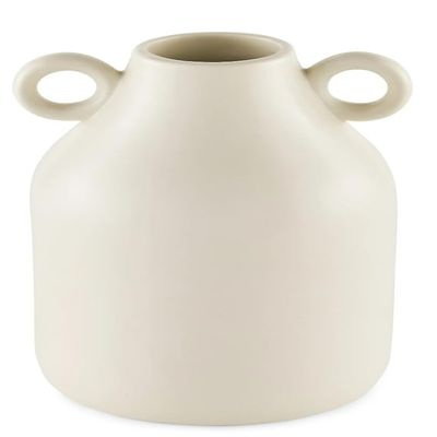 8" Ivory Ceramic Vase with Handles and Embossed Seal Design, Antique Jug Shaped Tabletop Flower Vase