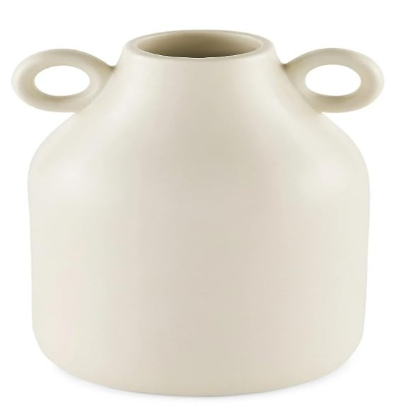 8" Ivory Ceramic Vase with Handles and Embossed Seal Design, Antique Jug Shaped Tabletop Flower Vase