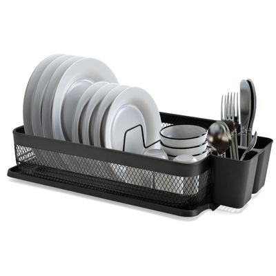 IBERG Dish Drying Rack with Drainboard & Utensil Holder, Mesh Steel Dish Drainer for Kitchen Countertop (Black)
