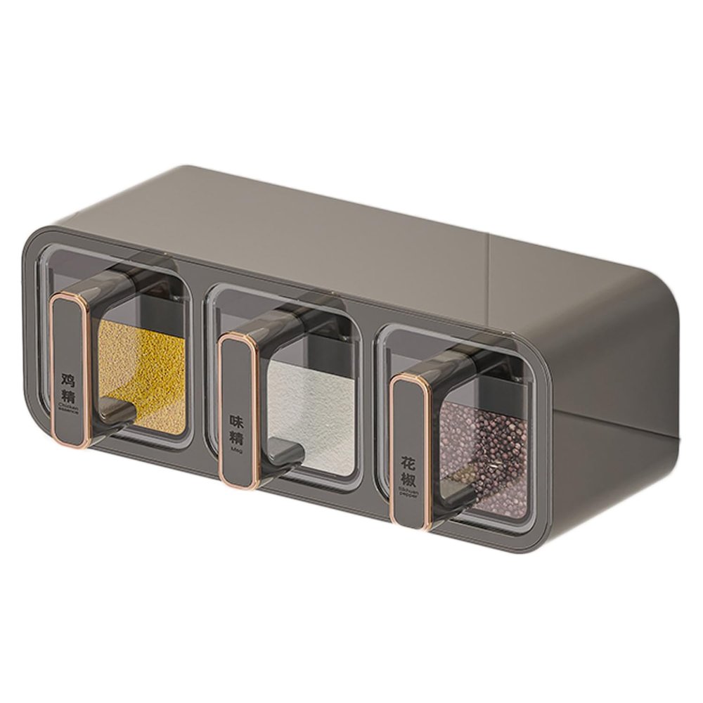 Dxcaicc Drawer Spice with Spoon and Label, Kitchen Spice Organizer, Seasoning Storage Box with Top Table, for Salt Sugar Pepper Spice,Gray,3 Slots