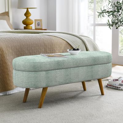 DERCASS Ottoman Oval Storage Bench,Stool with Rubber Wood Legs for Living Room, Entryway and Bedroom (Cyan)