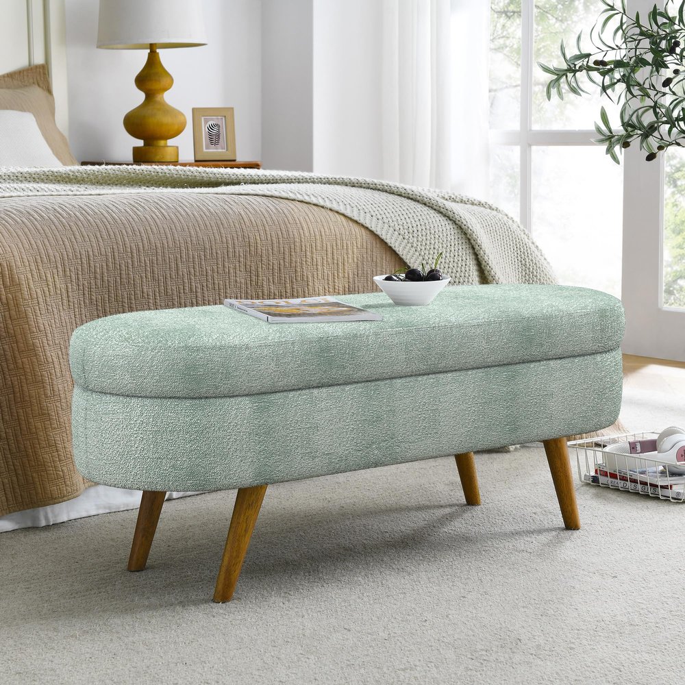 DERCASS Ottoman Oval Storage Bench,Stool with Rubber Wood Legs for Living Room, Entryway and Bedroom (Cyan)