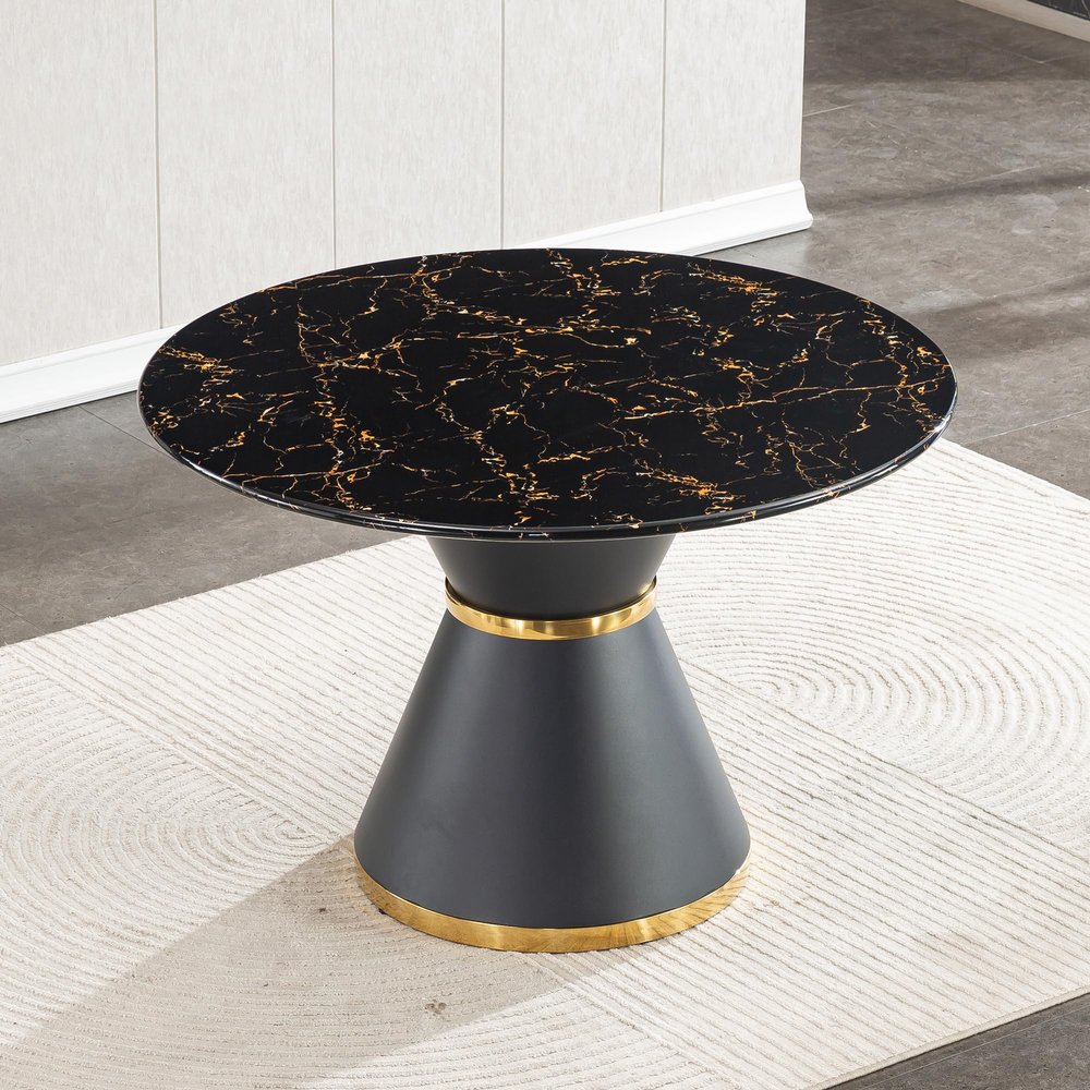 46.85" Faux Marble Dining Table, Round Dining Table with Faux Marble Top and MDF Pedestal Base, Circle Dining Room Table, Modern Office Computer Dinner Table for Living Room