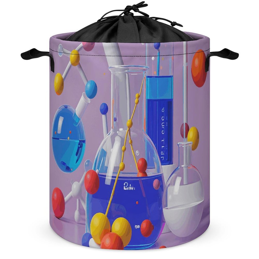 Abstract Science Chemistry Illustration Laundry Bag Round Laundry Basket Collapsible Hamper with Handles Drawstring Closure Waterproof Storage Basket Dirty Clothes Organizer for Bedroom Bathroom Dorm